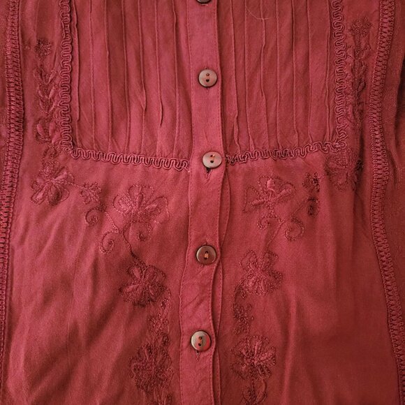 Jewel Queen Tunic Top Womens Sz 3X Button Up 3/4 Sleeves Embroidered Drk Red NWT - Picture 2 of 13